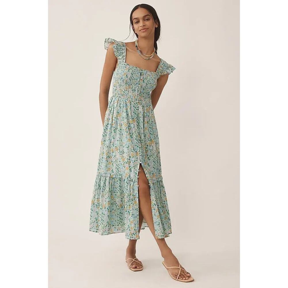 Anthropologie Light Blue Floral Midi Dress